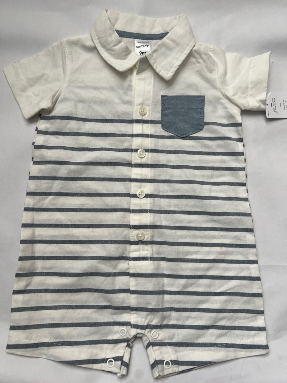 Carter's White & Blue Striped Short Sleeve Button Romper